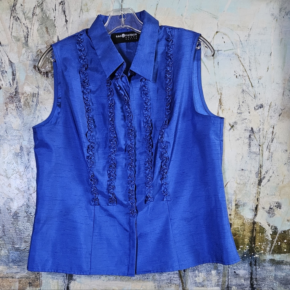 Sag Harbor Royal Blue Sleeveless Blouse Ruffled Bib Point Collar  ButtonUp S 14P